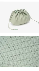 Light green woven leather drawstring pouch handbag, stylish Korean design casual shoulder bag.