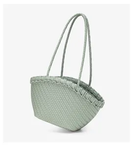 Light green woven leather tote bag, chic basket handbag with double handles for women.