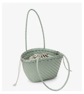 Light green woven bucket bag for women, chic faux leather shoulder handbag with drawstring pouch.