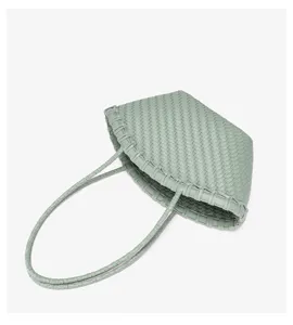 Light green woven shoulder tote bag, stylish bucket bag for women, casual vacation daily wear.