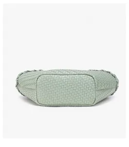 Light green woven leather shoulder bag bottom detail stylish casual handbag daily commute tote.
