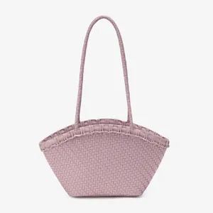 Pink woven shoulder tote bag, stylish Korean vacation style shell handbag for women daily commute.