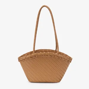 Brown woven leather tote bag stylish basket shoulder bag women casual daily commuter handbag