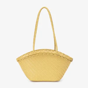 Yellow woven shoulder tote bag, stylish resort style casual handbag for women daily.