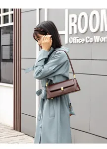 Stylish brown leather baguette shoulder bag for women minimalist casual design underarm handbag