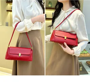 Red stylish baguette shoulder bag, premium minimalist leather underarm purse with lock.