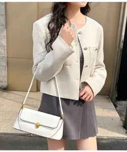 Stylish minimalist white baguette shoulder bag for women, chic daily casual PU leather purse.