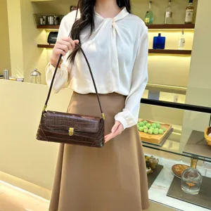 Elegant brown crocodile embossed baguette shoulder bag for women, stylish daily casual chic purse.