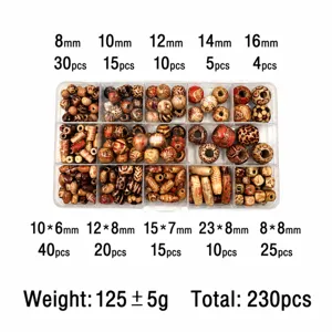 Assorted wooden beads set with 230 pieces in various sizes for DIY crafts and hair braids.