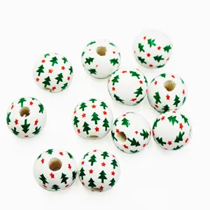 16mm wooden beads with Christmas tree print, DIY jewelry making and kids crafts accessories.