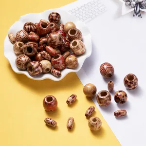 DIY mixed print wooden beads for jewelry making, vintage patterned loose round hair decor.