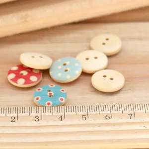 Colorful printed wooden buttons for sewing, DIY crafts, and children clothing, round shape.