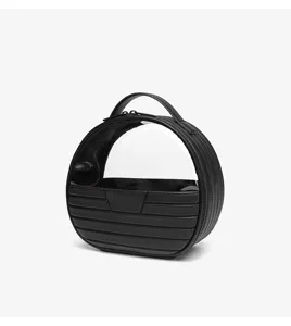 Black round cosmetic bag detail, transparent window, portable handle, leather texture.