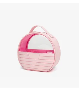 Pink transparent cosmetic bag detail, portable round makeup storage and travel wash case