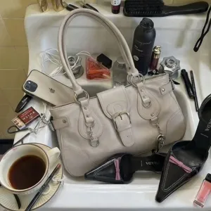 Korean ins style beige motorcycle handbag large capacity commuter tote bag streetwear y2k design