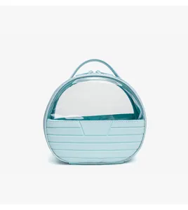 Detailed view of light blue portable cosmetic bag with transparent window and zipper.