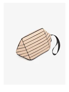 Geometric lattice cosmetic pouch detail, pink minimalist makeup organizer with handle.