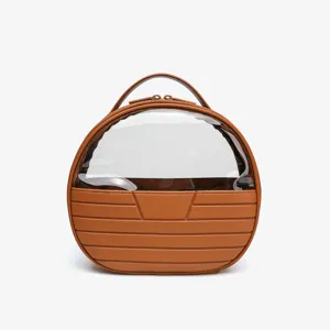 Round clear cosmetic bag with handle large capacity travel makeup organizer brown.
