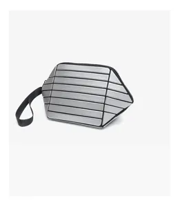 Silver geometric panel clutch bag with wrist strap, trendy portable zipper pouch for daily use.