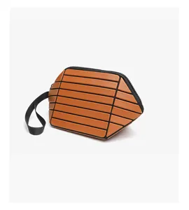 Fashion brown geometric stripe clutch bag portable cosmetic makeup pouch for daily use