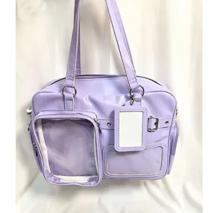 Japanese style cute purple ita bag student shoulder crossbody bag with clear display pockets.