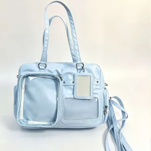 Light blue ita bag with clear window, multi-pocket double shoulder and crossbody bag for daily use.