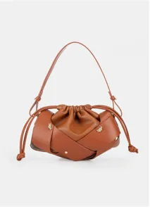Brown PU leather shoulder bag with drawstring, elegant ruched design, and chic cross straps.