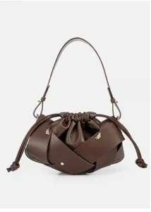 Brown leather shoulder bag with stylish drawstring closure and unique twisted knot side strap design.
