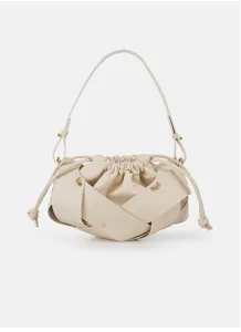 Cream pleated shoulder bag for women, stylish faux leather hobo handbag with metal fly details.