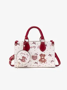 Women's Cute Little Bear Print PU Leather Handbag Japanese Sweet Style Large Capacity Commuting Casual Crossbody Bag
