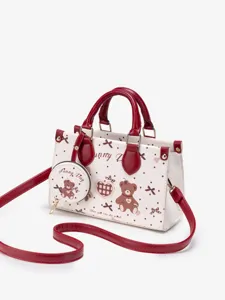 Cute bear print handbag with small coin purse, red handle shoulder messenger bag for women.