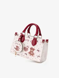Cute bear print PU leather handbag with red handle and coin purse, stylish commuter shoulder bag.