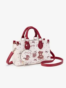 Cute bear print PU leather women handbag with round coin purse and crossbody strap.