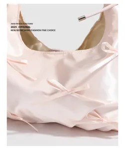 Borsa a spalla hobo in raso rosa da donna, design con fiocco carino borsa a nuvola plissettata.
