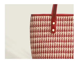 Red houndstooth tote bag for women, stylish large capacity shoulder bag with leather trim.
