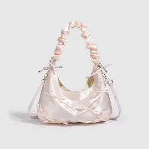 Borsa a Nuvola con Fiocco per Ragazze Dolci Carina Versatile Borsa Plissettata Moda Tinta Unita Morbida Tracolla Sottobraccio