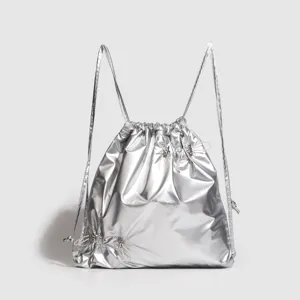 Damen Casual Mode Leichter Rucksack Kordelzug Plissiert Einfarbig Reise Schule Buchtasche Tägliche Polyester Tasche