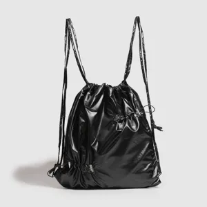 Schwarzer glänzender Kordelzug Rucksack lässig Mode leicht Nylon Schultasche minimalistisch
