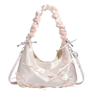 Borsa nuvola in raso rosa con fiocco carina borsa a spalla plissettata versatile