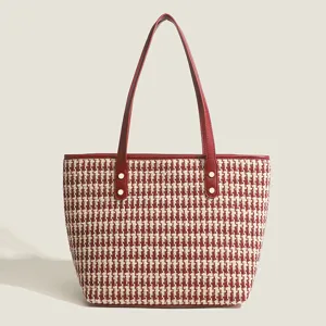 Women Fashion Houndstooth Tote Bag Large Capacity Woolen Fabric Shoulder Bag Elegant Casual Daily Handbag