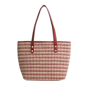 Red and white houndstooth pattern large capacity women tote bag single shoulder casual daily handbag
