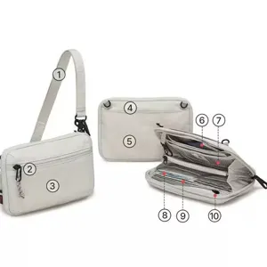 Multi-functional cross-body passport wallet, light gray shoulder bag with card slots.