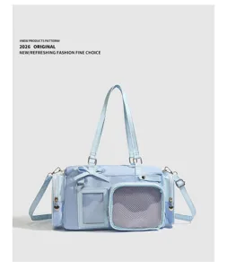 Dettagli borsa ita trasparente azzurro chiaro, borsa tote Boston con tasche e fiocco carino.