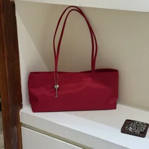 Red minimalist nylon shoulder bag, lightweight casual daily tote for women and girls.