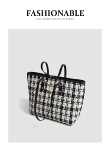 Klassieke zwart-witte tweed shopper tas voor dames, stijlvolle schoudertas voor werk.