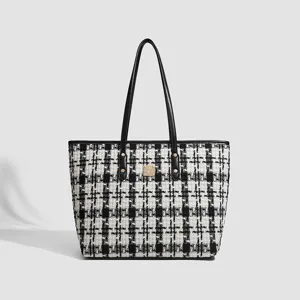 Dames Mode Vintage Tweed Tote Bag Grote Capaciteit Casual Hondentand Schoudertas Woon-Werk Handtas