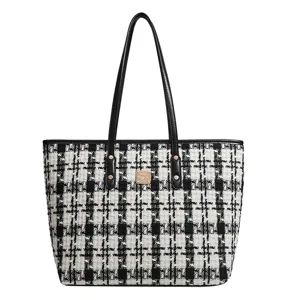 Klassieke zwart-witte tweed shopper tas voor dames, elegante vintage schoudertas met leren handvat.
