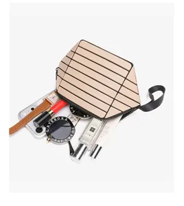 Geometric cosmetic bag, stylish travel makeup pouch with zipper closure and handy strap.