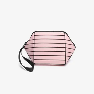 Pink geometric panel cosmetic bag portable clutch purse with black wrist strap for women daily use