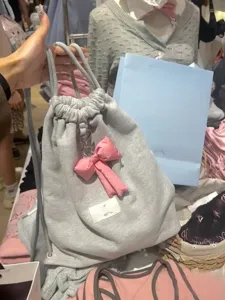 Grijs trekkoord rugzak met roze strik, casual sportstijl canvas schoudertas voor dames